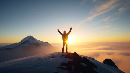 A back view of a young male hiker on the top of a rock with open arms admiring the view of nature