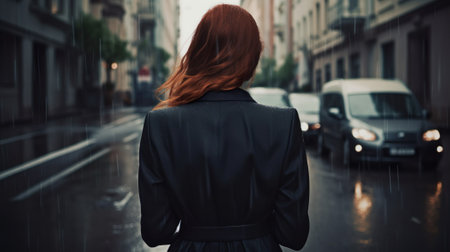 Business Woman from behind on a street in rain dark imageの写真素材