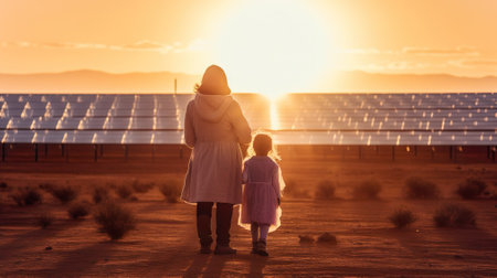 A child and her mother in the fresh open air, beside solar panels on a sunny day at a farm in Desert.の写真素材