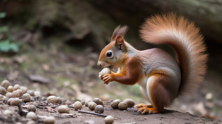 A redheaded cute squirrel with protruding ears collects ripe nuts