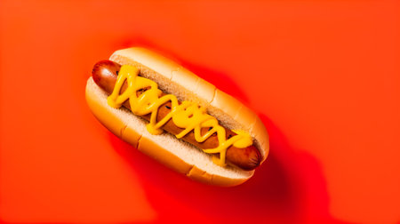 Homemade hot dog above view on a orange table. One hot dog with ketchup and mustard isolated on a colored background.の写真素材