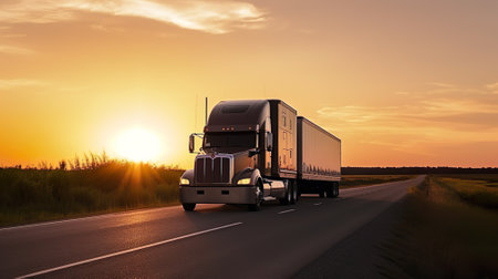 Truck driving on the asphalt road in rural landscape at sunset with dark clouds.の写真素材