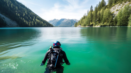 scuba diver enters the mountain lake water. practicing techniques for emergency rescuers. immersion in cold waterの写真素材