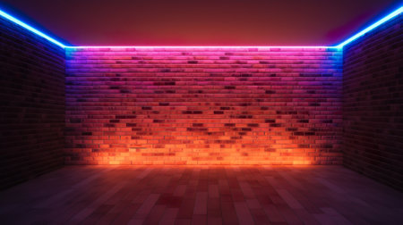 dark brickwall under purle light with wooden slats floor,night club backgroundの写真素材