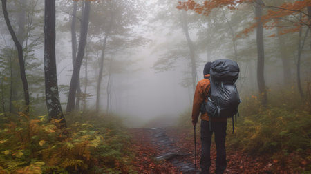 Man with backpack walks along path in relic fog forest. Rear view. Fabulous, mysterious natural...