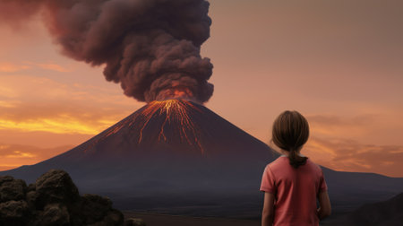 Girl looks at erupting volcano at sunset eruption disasterの素材