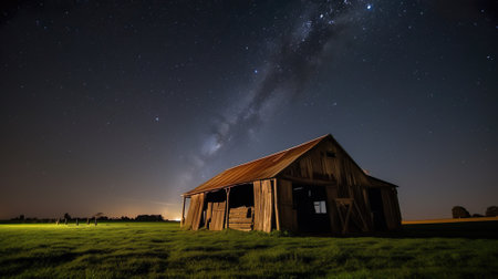 Lone barn with milkyway at night great landscape epic shotの写真素材
