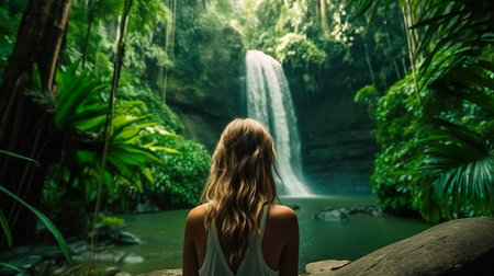 girl standing from behind big waterfall in the Jungle traveler shotの写真素材
