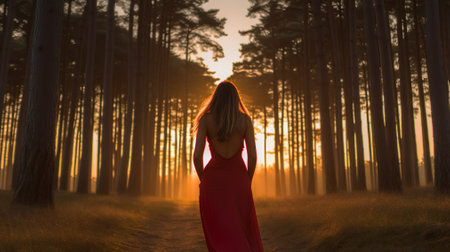 Woman in dred dress in forest. in summer by sunset