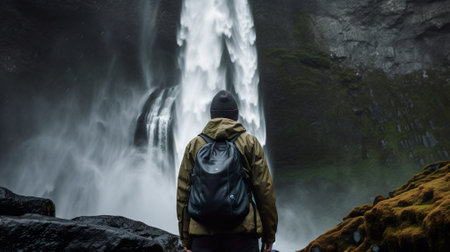 waterfall in Iceland. Guy in red jacket looks at Skogafoss waterfall.の写真素材