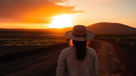 Young woman in the volcanic area Timanfaya Natural Park, in Lanzarote, travel.の写真素材
