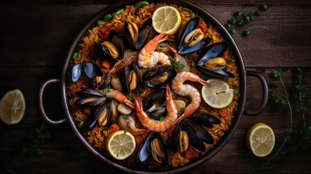Traditional Spanish paella with seafood and chicken. Prepared in wook.の写真素材