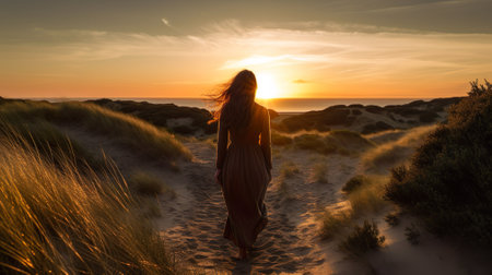 woman standing in beach dune look sea beach waterの写真素材