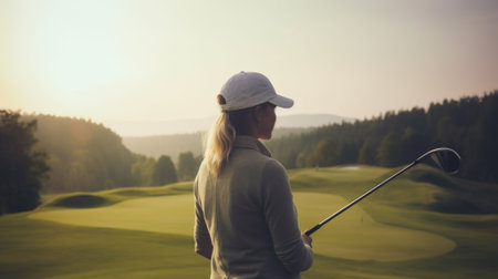 woman golf player doing training golf on the green sunset evening time, female presumably does exercise. Healthy and Lifestyle Concept.の写真素材