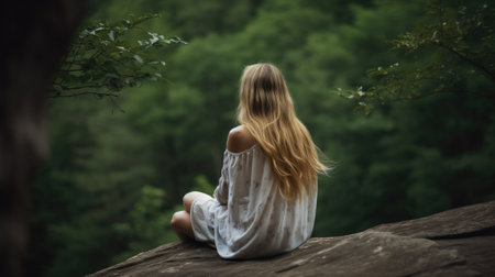 Woman sitting in green forest enjoys the silence and beauty of nature.の写真素材