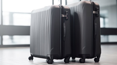 Travel Fashion. Closeup Shot Of Two Plastic Suitcases Standing At Empty Airport Corridor, Stylish Luggage Bags Waiting At Terminal Hall, Banner For Air Travelling And Vacation Booking Concept.の写真素材