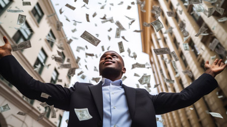 Emotion reaction concept. Crazy man in stylish trendy style formal wear tux tuxedo jacket suit tie close eyes raised fists up bright background under money rainの素材