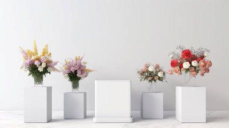 White marble podium on the white background with flowers. Podium for product, cosmetic presentation. Creative mock up. Pedestal or platform for beauty productsの写真素材