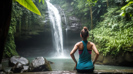 Caucasian woman standing on the stone, practicing yoga. Young woman raising arms with namaste mudra near waterfall. Yoga lifestyle. Tibumana waterfall, Bali, Indonesia. View from backの写真素材