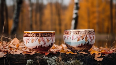 Cup of coffee with smoke and coffee beans in burlap sack on coffee tree backgroundの写真素材