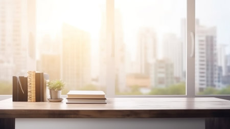 table in office with panoramic sunset view of modern downtown skyscrapers at business district.の写真素材