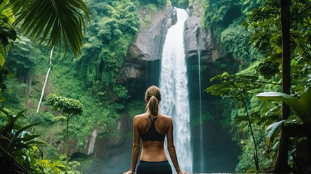 hispanic woman in swimwear raising arms and dancing on shore of clean lake near cliff with waterfall during summer vacationの写真素材