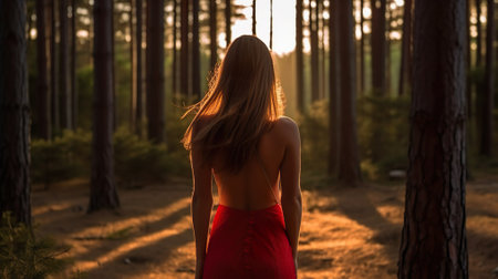 brunette redhead queen girl wavy flying hair runs to meeting sun rays. Photo from back without face. princess elegant luxurious chiffon silk red dress flutters in wind. Backgdrop sunset green nature.の写真素材