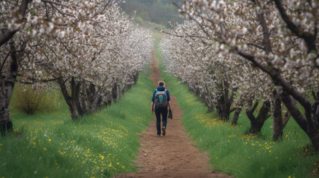 Wanderer alone and taking pictures of the blooming trees in the spring, on mountain paths in the Carpathians.の写真素材