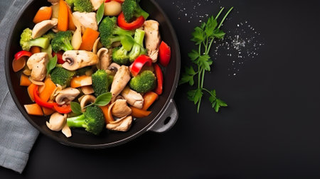 Fresh salad with chicken, tomatoes and mixed greens arugula, mesclun, mache on wooden background close up. Healthy food.の写真素材