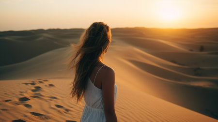 A beautiful brunette girl in a white silk dress with a train stands in the middle of the desert and looks at the sunsetの写真素材