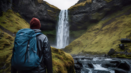Man with backpack standing in front of waterfall