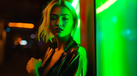 Portrait of a young woman in a night city in neon green on a summer evening. City lightsの素材