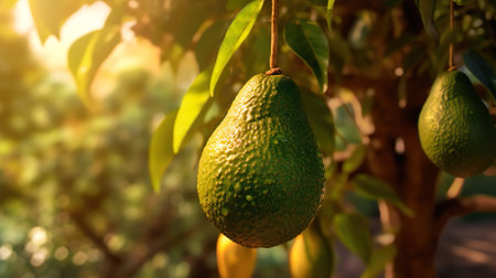 Ripe mango fruit hanging on the tree with beautiful sunlight and nature background.の素材
