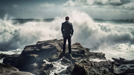 Businessman standig on a rock in the surf.の素材