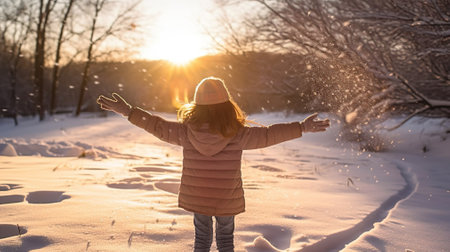 Seen from behind woman in coat with gloves and raised arms rejoicing outside in the city in winterの写真素材