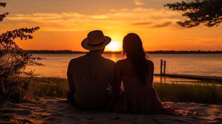 couple lover siting watch sunset on sea beachの写真素材