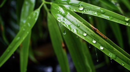 Water droplets on the leaves of bamboo treesの写真素材