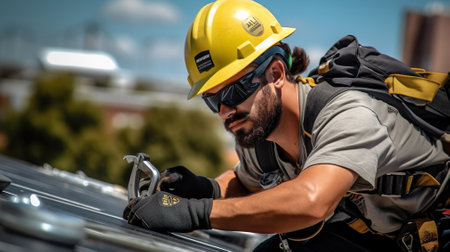Engineer on the house roof assembles photovoltaic panel.の素材