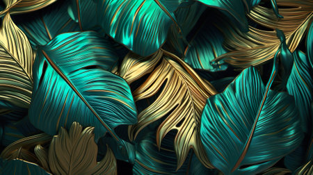 Creative nature background. Gold and green tropical palm leaves. Minimal summer abstract jungle or forest pattern.の素材