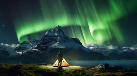 Northern Lights (Aurora borealis) over a tent in winter Lapland, Sweden, Europeの素材