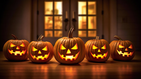 Halloween pumpkin head jack lantern with burning candlesの写真素材