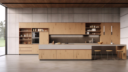 Modern and small kitchen with wooden cupboard and countertop and black furniture, oven, sink and fridgeの写真素材
