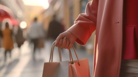 After day shopping. Close-up of young woman carrying shopping bags while walking along the street.の写真素材