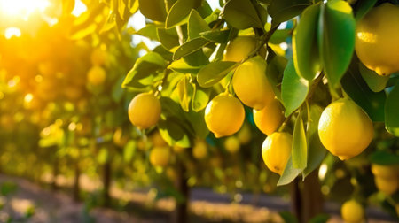A lemon on a lemon tree in the sunsetの写真素材