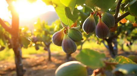 Sunlight shines through the large leaves of a fig treeの写真素材