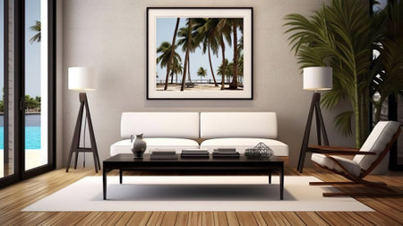 Stylish and scandinavian living room interior of modern white with gray sofa, design wooden commode, black table, lampの写真素材