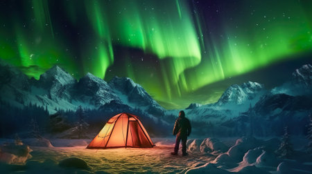 Aurora borealis. Northern lights in winter forest. Sky with polar lights and stars.の素材