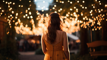 Back view of attractive woman in dress Back view of female woman at music festival drinking beer and dancing.の素材