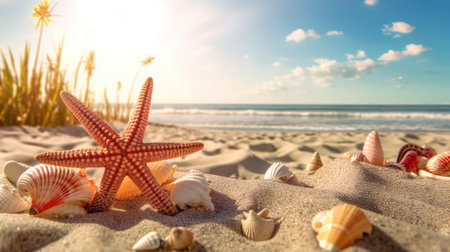 Beautiful Starfish with Seashell on Sandy Beach Captivating Coastal Serenity.の素材