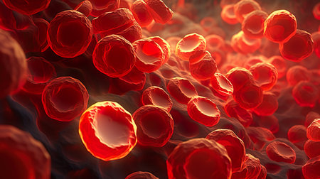 Macro streaming red blood cells flowing through artery.  illustration.の写真素材